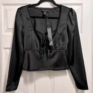 NWT House of Harlow 1960 Black Blouse Tie Front Long Sleeve Lace Trim Satin XS